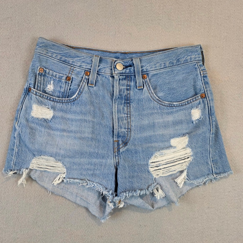 Levis 501 Original High Rise Distressed Denim Shorts Cutoff Button Fly sz 26